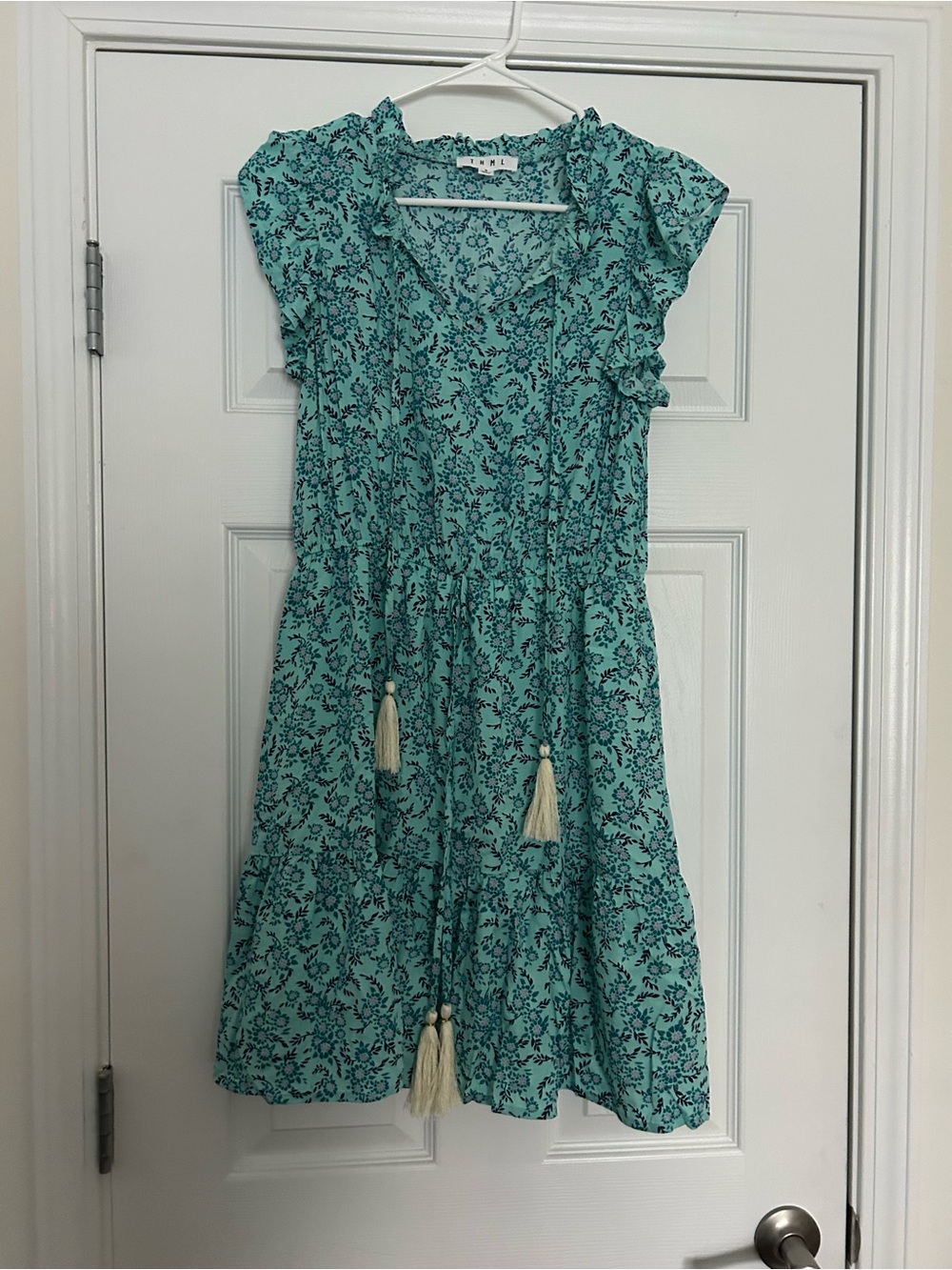 THML Teal Floral Midi Dress with Tassels